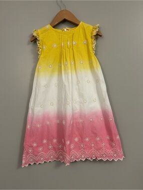 Mini Boden Ombre Eyelet Dress in Yellow, White & Pink Girls Size 6-7